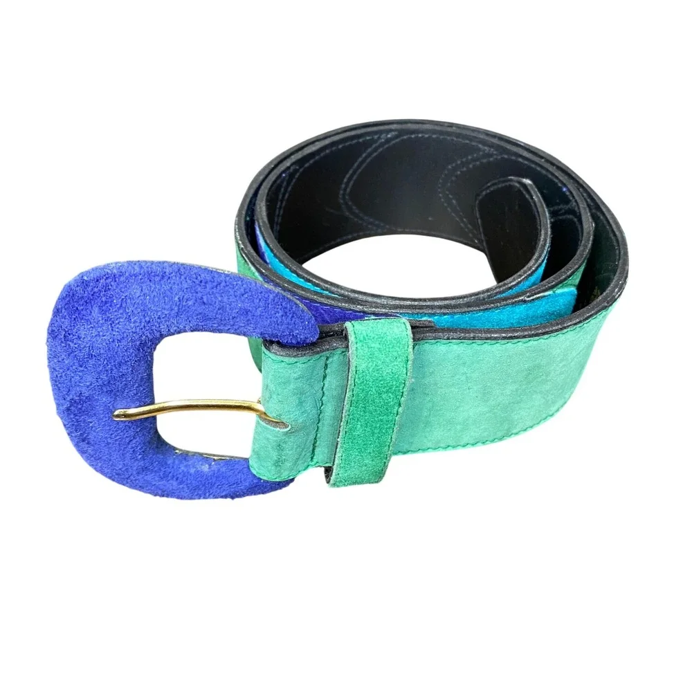 Compagnie Internationale Express Vintage Suede Patchwork Belt Blue Green Medium